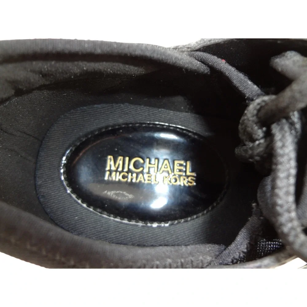 Michael Kors Women's 7M Liv Mixed Media Trainer Black Wedge Sneakers Gold Accent